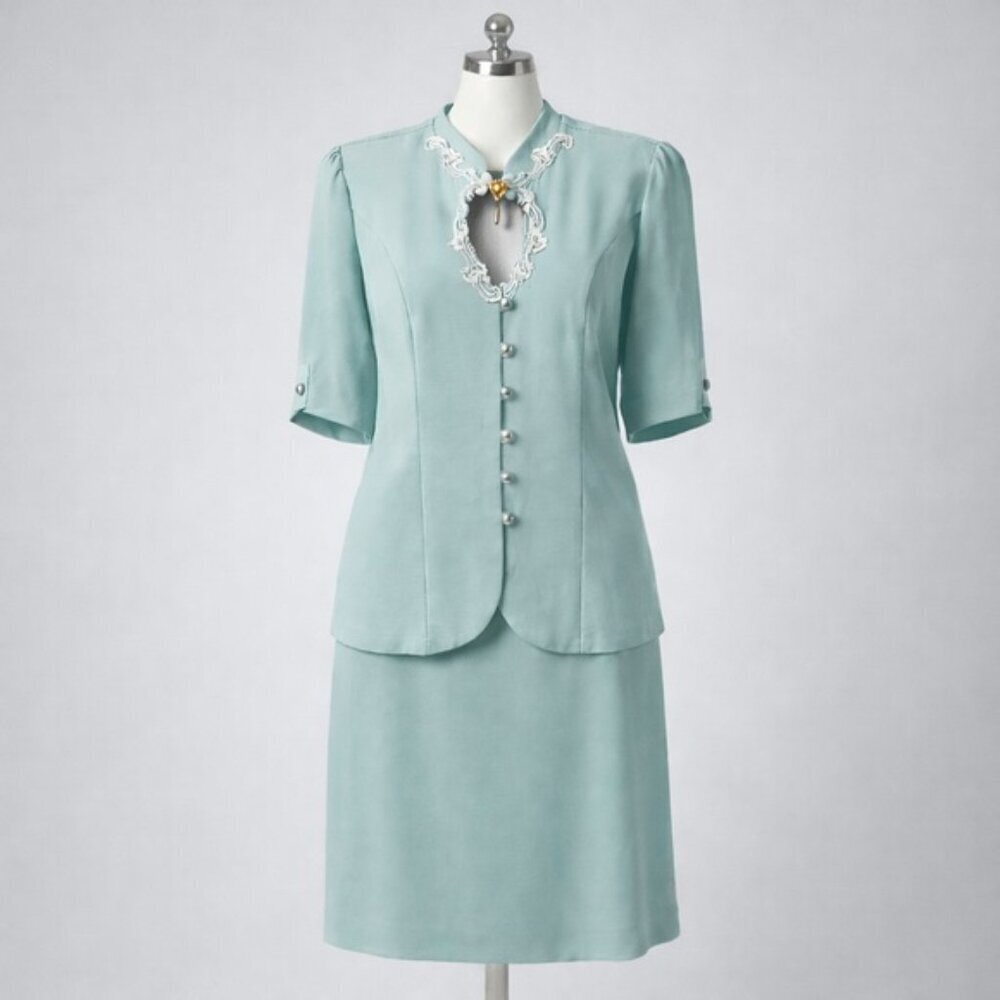 Vintage 80s Pastel Aqua Blue Skirt Suit Set